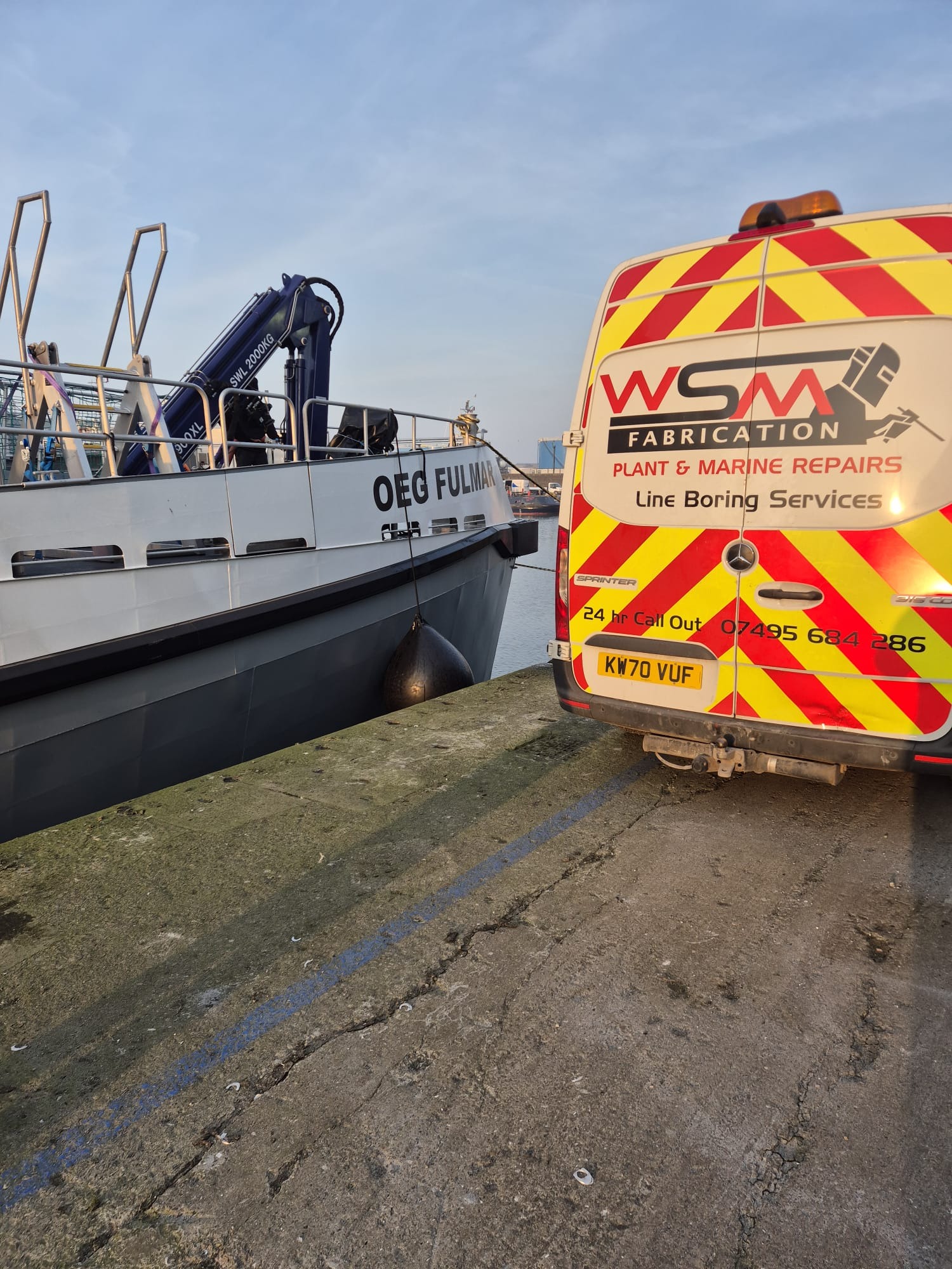 WSM Fabrication van alongside the OEG Fulmar workboat